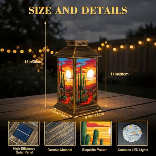Solar Lantern Outdoor Waterproof Desert Sunset Landscape Saguaro Vibrant Sky Garden Decor LED Hanging Solar Lights Tabletop Lamp Gifts for Women Mom Outside Yard Patio Porch - Image 2