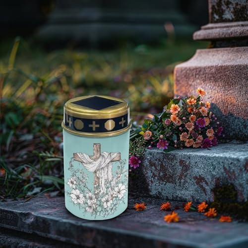 Poceacles Cross Solar Lights for Cemetery Gravesite LED Flameless Pillar Candles Solar Powered Grave Candles Waterproof Outdoor Garden Lights Grave Markers, Flower Cross Light Blue, Pack of 2 - Image 3