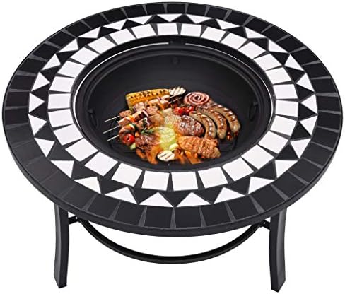 26.8 Inch Mosaic Fire Pit Black and White Ceramic Steel Bowl for Garden Patio Campfire Warmth, Round Tabletop with Three-Leg Stand for BBQ Wood Logs Charcoal - Image 6