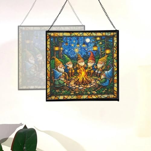 Campfire Story Gnome Stained Glass Suncatcher – Square Hanging Window Panel for Home or Greenhouse – Whimsical Glass Art Gift for Garden Lovers, Christmas, Halloween, Father Days VgBFDy - Image 4
