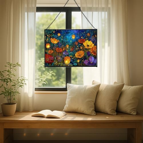 Twilight Garden with Floating Lanterns Rectangular Stained Glass Suncatcher – Hanging Window Panel with Animal & Nature Scene – Vibrant Glass Art Gift for Wildlife, Fantasy, Nature Lovers W5RrUY - Image 7