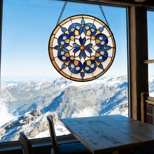 Stained Glass Window Hanging Blue Brown Boho Floral Pattern 9.8" - Flower Suncatcher Door Garden Sun Catcher Decor Birthday Christmas for Mom Woman Nana Friend Men - Image 2
