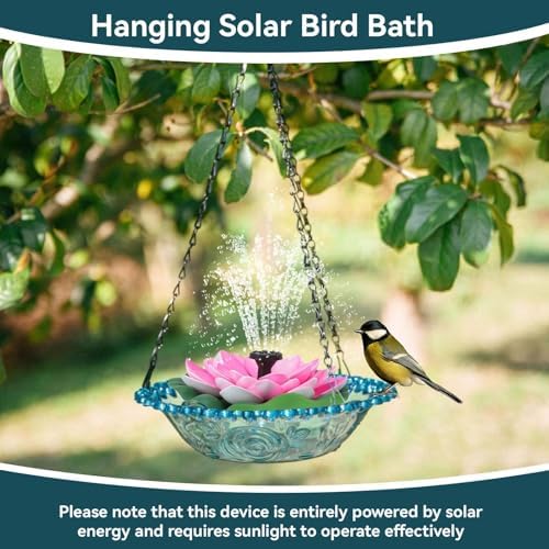 Hanging Bird Bath with Solar Fountain, Multi Functional Lotus Bird Bath Bubbler Birdbath Water Fountain Pump for Hummingbird Feeder Drinking - Image 2