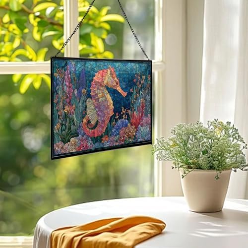 Glowing Coral Garden with Tiny Seahorse Rectangular Stained Glass Suncatcher – Hanging Window Panel with Animal & Nature Scene – Vibrant Glass Art Gift for Wildlife, Fantasy, Nature Lovers zHBtGp - Image 2