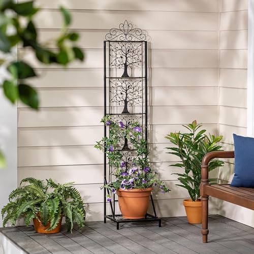 Evergreen Garden Tree of Life Metal Lattice Trellis with Plant Stand, Iron Trellis Lattice for Climbing Plants, Floor Plant Stand Indoor and Outdoor for Patio, Porch, Garden - Image 2