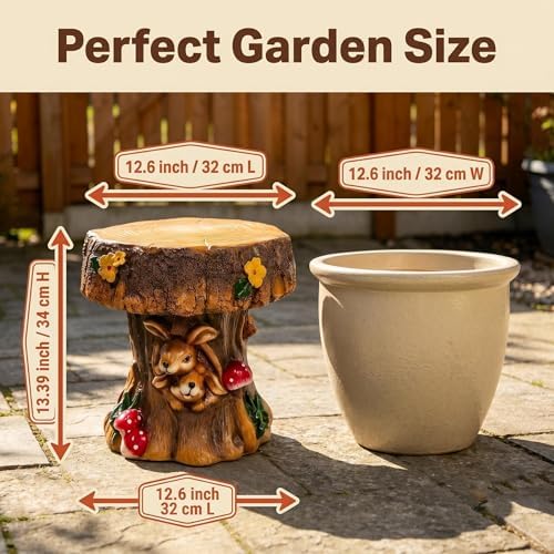 Brown Outdoor Garden Mushroom Stool with Rabbit Carvings - Image 3