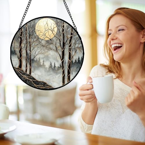 Stained Glass Window Hanging - Black and White Gold Moon Forest Sun Catcher for Door Home Decor Suncatcher Christmas Mother's Day Birthday Gifts for Women Men Lovers Mom Nana 11.8 in - Image 2