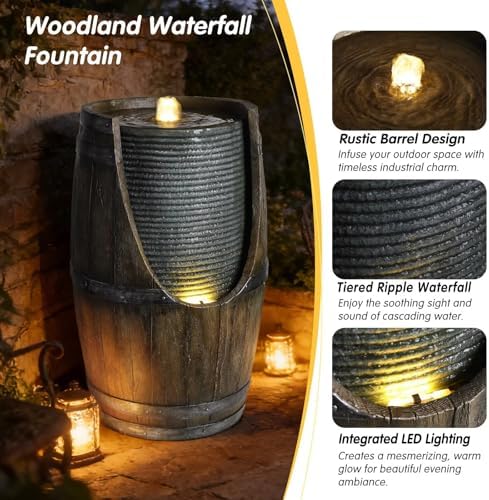 24.8'' Wooden Barrel Style Outdoor Water Fountain with LED Lights Resin Rustic Garden Waterfall Decor Farmhouse Garden Water Fountain for Patio Porch Yard - Image 2