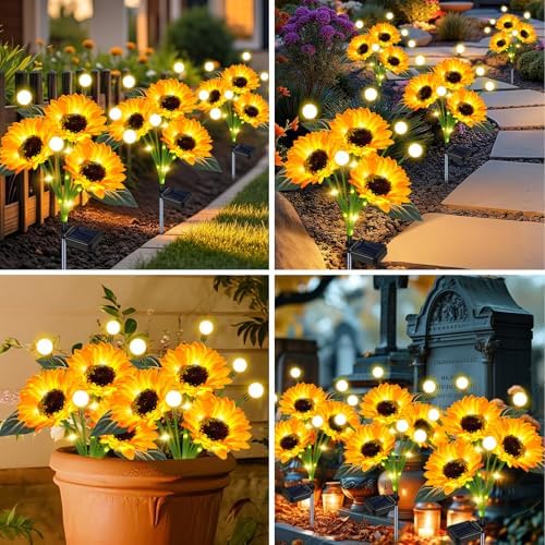 Solar Lights Outdoor Garden Decor 4 Pack Sunflower Firefly Solar Flowers - Image 2