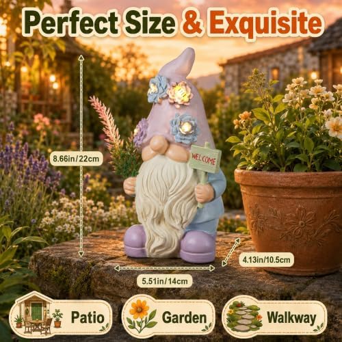 Solar Gnome with Succulent LED Lights and Welcome Sign, Lavender Garden Gnome Statue Decor for Patio, Yard, Balcony, Home, Lawn Ornaments, Birthday Gifts for Mom Women Grandma - Image 3