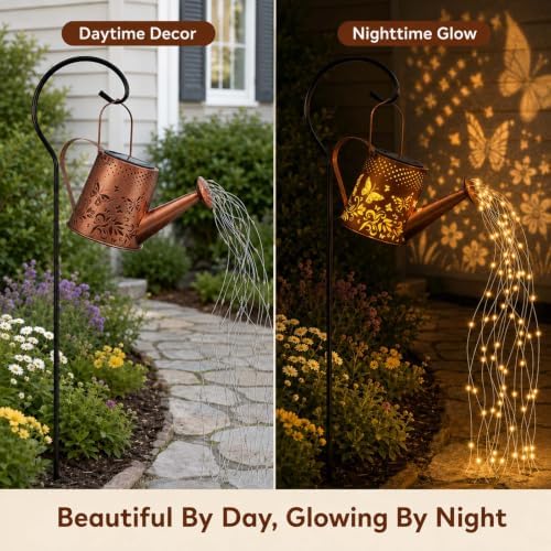 Solar Watering Can Lantern, Large Size, Butterfly Design, LED String Lights - Image 4