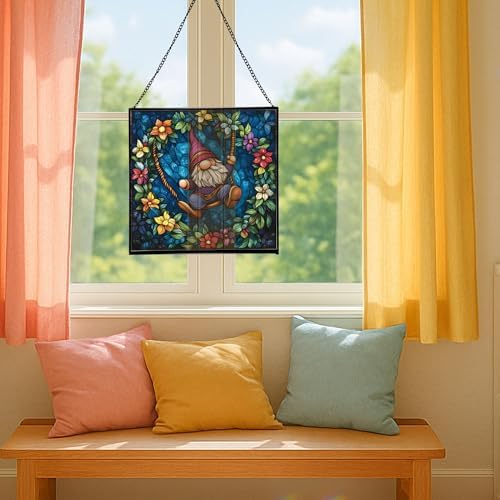 Wreath Swing Gnome Stained Glass Suncatcher – Square Hanging Window Panel for Home or Greenhouse – Whimsical Glass Art Gift for Garden Lovers, Christmas, Halloween, Father Days Of4WNz - Image 5