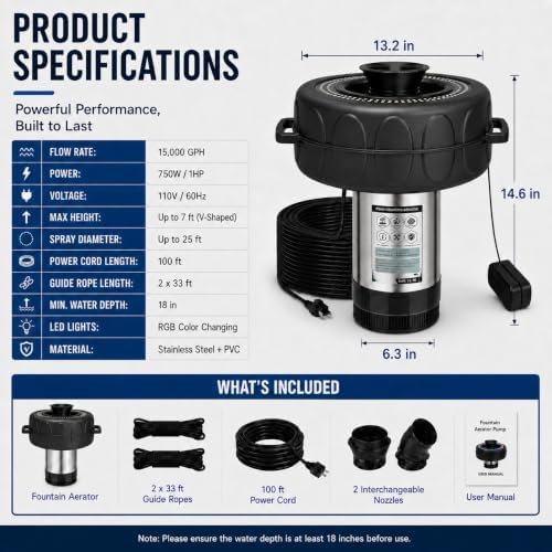 Pond Fountain Aerator with Lights RGB Light 1HP 750W 110V Fountain - Image 2