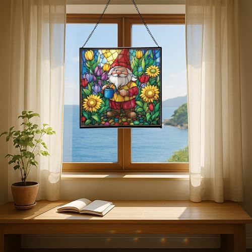 Spring Garden Gnome Stained Glass Suncatcher – Square Hanging Window Panel for Home or Greenhouse – Whimsical Glass Art Gift for Garden Lovers, Christmas, Halloween, Father Days lee1cz - Image 6