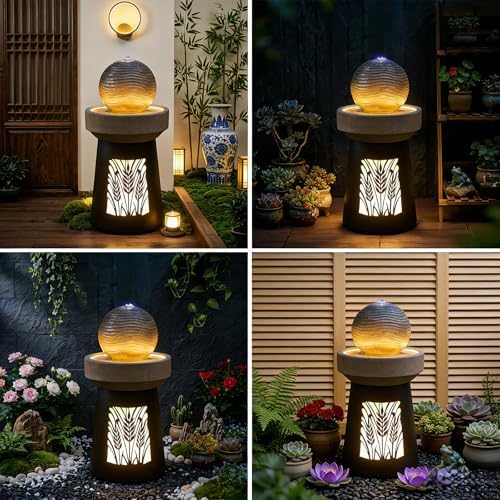 Wheat Sphere Fountain w/Warm LED, Resin Indoor Outdoor Floor Decor - Image 3