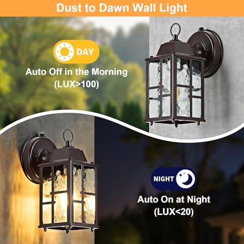 OKELI 2-Pack Dusk to Dawn Outdoor Wall Lights, Weatherproof Exterior Lighting Fixture Wall Mount, Aluminum Ripple Glass Porch Light, Anti-Rust Outside Wall Sconce for House, Garage(Brown) - Image 6