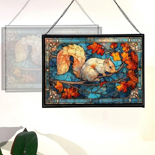 Squirrel Leaping from Tree Branch to Branch Rectangular Stained Glass Suncatcher – Hanging Window Panel with Animal & Nature Scene – Vibrant Glass Art Gift for Wildlife, Fantasy, Nature Lovers v0jcrD - Image 3