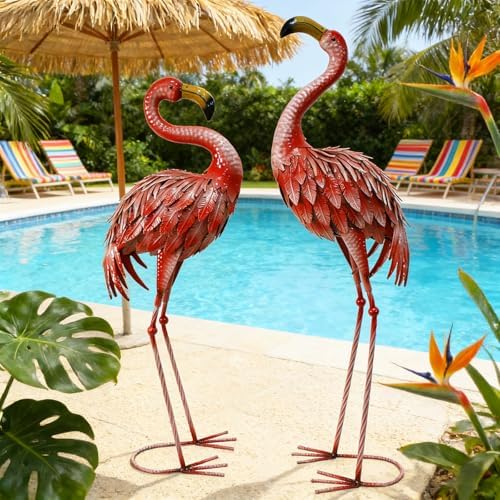 32-36 Inch Metal Yard Flamingos Garden Statues for Lawn Pond Patio - Image 4