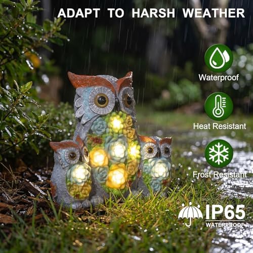 Solar Garden Statue Lights, Owl Family Decor with LED Succulent Flowers, Cute Solar Owl Figurines, Waterproof Resin Outdoor Yard Art for Patio Lawn Porch, Garden Gifts for Women Mom Grandma - Image 3