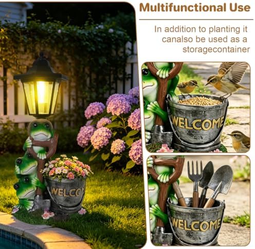 Frog Garden Statue Home Outdoor Decor with Solar Lantern and Flowerpot Solar Frogs Sculptures Waterproof Garden Outside Figurine Ornament, Women Gardening Housewarming Gift for Yard Pond - Image 3