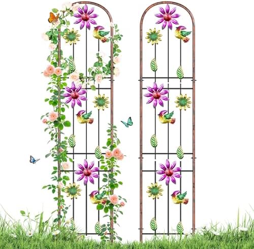 Metal GardenTrellis, Arched Fence Trellis Plant Support Trellises, Supporting Plants Outdoor Decoration for Climbing Plants Lawn Yard Patio Backyard Wall Brackets (Bird+Pink Flower) by KHayRovies