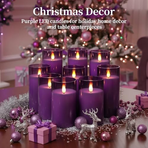 Homemory Purple Flickering Flameless Candles, Battery Operated Acrylic LED Pillar Candles with Remote Control and Timer, Purple Decor, Set of 9 - Image 2