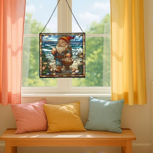 Shell Collector Gnome Stained Glass Suncatcher – Square Hanging Window Panel for Home or Greenhouse – Whimsical Glass Art Gift for Garden Lovers, Christmas, Halloween, Father Days MXctcy - Image 5