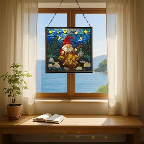 Gnome with Campfire Cooking Stained Glass Suncatcher – Square Hanging Window Panel for Home, Garden, Nursery, Halloween, Christmas, Memorial Day – Whimsical Glass Art Gift for Gnome Lovers ulz706 - Image 6