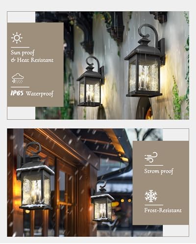 FEMILA 26" Outdoor Wall Light, Large Exterior Wall Lantern with Water Ripple Glass, 3-Light Outdoor Wall Light Fixtures for Entryway, Patio, Garage, Doorway, E12 Base, 4FD54B-L BK - Image 5