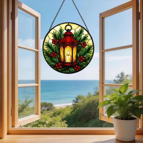 Stained Glass Suncatcher Christmas Lantern Window Hanging, Holiday Home Decor with Red Berries and Pine, Unique Gift for Mom, Wife, Her, Winter Garden Wall Art (Mixed,11.8×11.8 in) - Image 3
