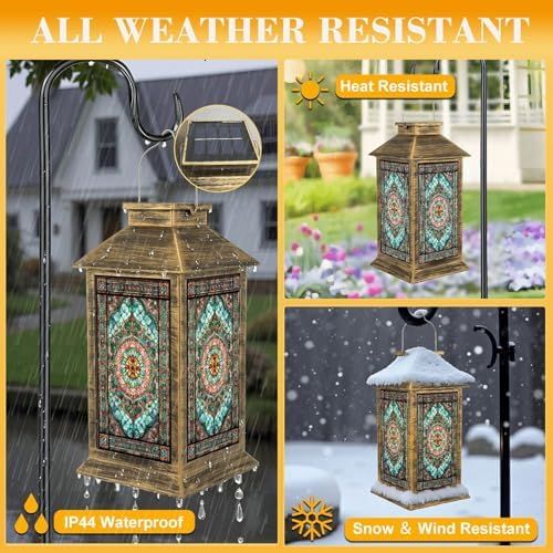Stained Glass Style Solar Lantern Outdoor Garden Hanging Lantern Stained Glass Sunflower Soft Spring Hues Intricate Border Waterproof Solar Powered Lighting Outside Table Lamp for Patio Deck Yard - Image 3