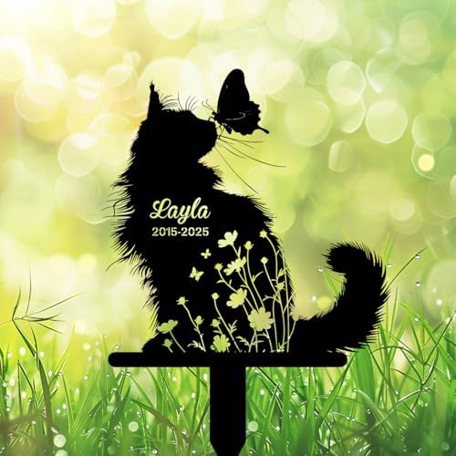 Custom Longhair Cat Memorial Stake, Floral Cat with Butterfly Grave Marker, Personalized Pet Loss Gift Metal Garden Plaque (Floral Cat With Butterfly) - Image 2