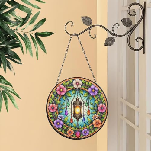 Ornate Lantern with Blooming Flowers and Gems Stained Glass Suncatcher 12in - Image 2