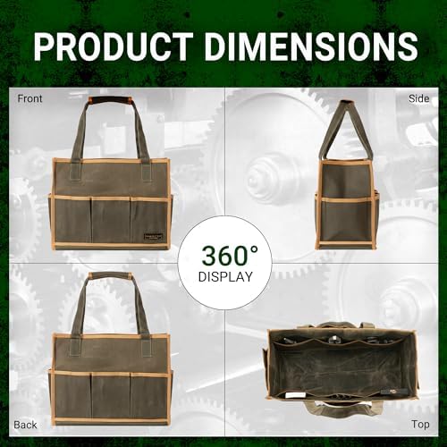 Heavy Duty 16OZ Waxed Canvas Tool Bag,15-Pockets Portable Tote Bag,Muti-Purpose Garden Tool Storage Bag with Padded Handle | ArmyGreen - Image 3