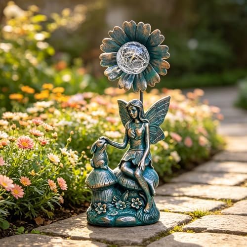 Garden Solar Fairy Statue - Mushroom Seat, Touching Rabbit, Iron Flower Glass Ball, Whimsical Outdoor Ornament by Unknown