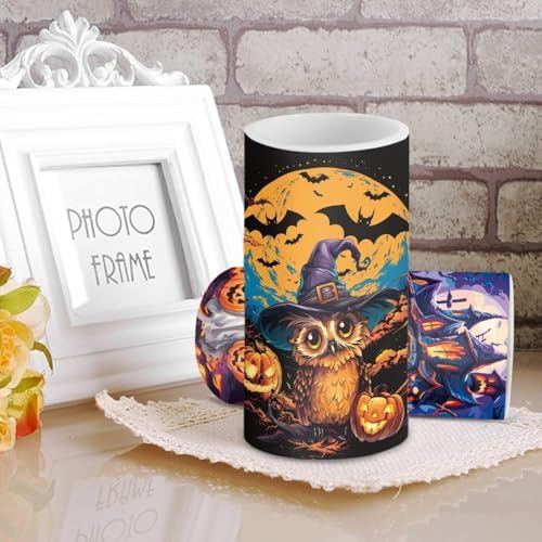 Pack of 2 Halloween Flameless Candles with Remote Battery Operated Candles with Timer Flickering LED Elictric Pillar Lights for Party Home Decor, Bat Owl Ghost Print - Image 3