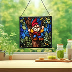 Gnome with Tree Climbing Stained Glass Suncatcher – Square Hanging Window Panel for Home, Garden, Nursery, Halloween, Christmas, Memorial Day – Whimsical Glass Art Gift for Gnome Lovers sao25y - Image 2