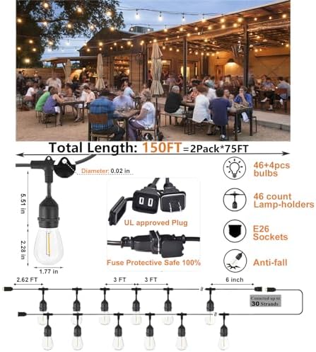 Outdoor String Lights LED 150FT Waterproof Heavy-Duty Patio Lights String with 50 Dimmable Shatterproof Plastic Edison Bulbs(4 Extra) for Gazebo Pergola Bistro Lights Connectable - Image 2
