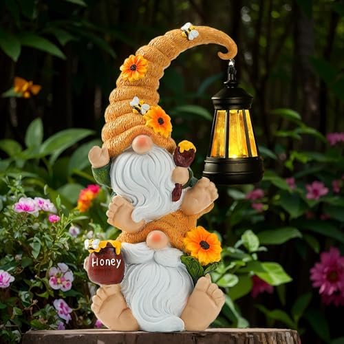 Solar Bee Garden Gnomes with LED Lantern, 12.2-Inch Outdoor Statue by QZZP