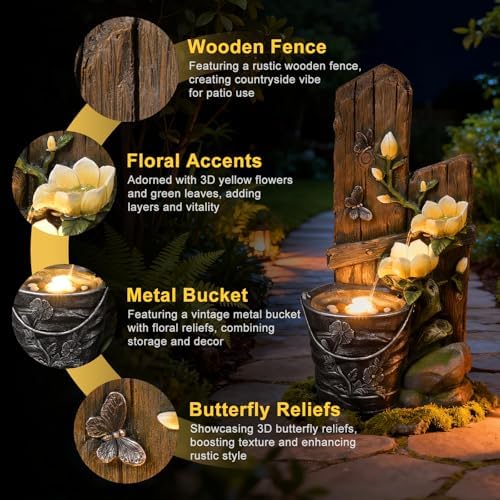 30.7" H 3-Tier Rustic Water Fountain Outdoor with Lights, Faux Iron Bucket & Wooden Stripe Cascading Waterfall Feature with Flowers & Butterfly for Garden, Patio, Backyard, Porch, Yard Decor - Image 3