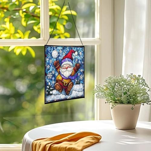 Snowball Gnome Joy Stained Glass Suncatcher – Square Hanging Window Panel for Home or Greenhouse – Whimsical Glass Art Gift for Garden Lovers, Christmas, Halloween, Father Days FU1p6u - Image 3