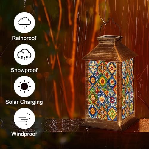 Solar Lantern Mexican Talavera Ceramic Tile Ethnic Folk Ornament Flowers Texture Outdoor Waterproof Hanging Solar Light Outside Lights for Patio Yard House Lawn Decor Birthday Gifts for Women Mom - Image 5
