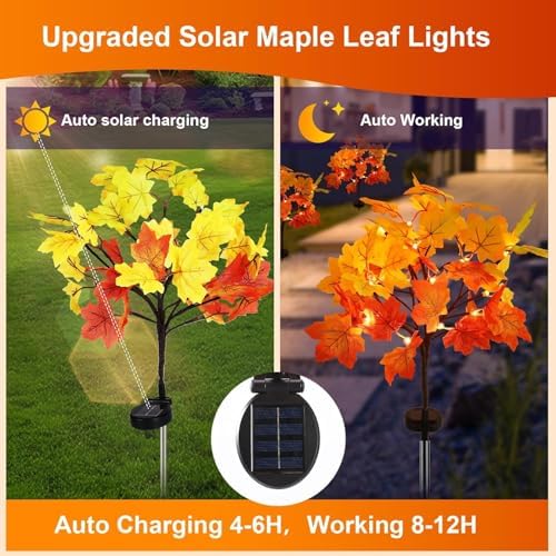 8Pack Fall Solar Lights Outdoor Decorative, Waterproof 160Led Orange Fall Lights with 320 Maple Leaves Path Lights, Solar Lights for Fall Autumn Patio Garden Halloween Thanksgiving Decorations - Image 4