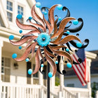 Solar Wind Spinner - Rustic Copper & Turquoise Kinetic Yard Art with Glass Globe - Vintage Metal Sunburst Wind Catcher Outdoor Garden Decor for Lawn, Patio, and Front Porch by MXwcy