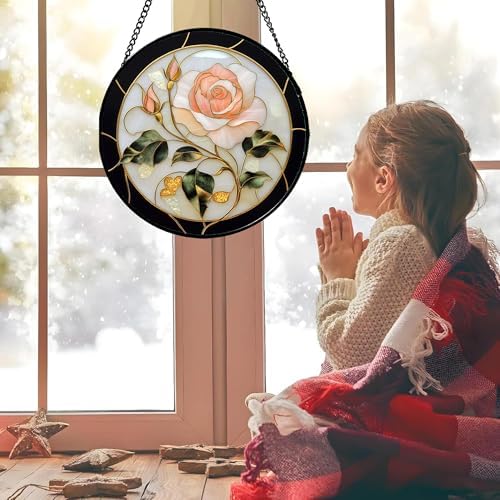 Pink Rose Stained Glass Window Hanging Suncatcher Gifts for Women 9.8" - Image 2