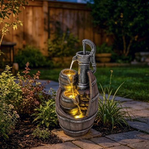 Vintage Pump Barrel Outdoor Water Fountain, Resin & LED, 21.7 in - Image 2