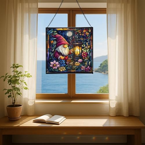 Candlelight Gnome Night Stained Glass Suncatcher – Square Hanging Window Panel for Home or Greenhouse – Whimsical Glass Art Gift for Garden Lovers, Christmas, Halloween, Father Days 69ifQy - Image 6