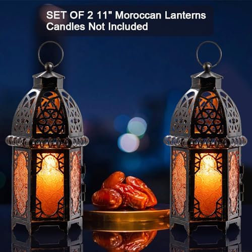 NEEDOMO Set of 2 Moroccan Lanterns Decorative Indoor & Outdoor, Hanging Candle Lantern, 11'' Vintage Candle Holder, Metal Lanterns Decorative, Table, Patio, Porch, Shelf, Gothic Home Decor (Amber) - Image 2