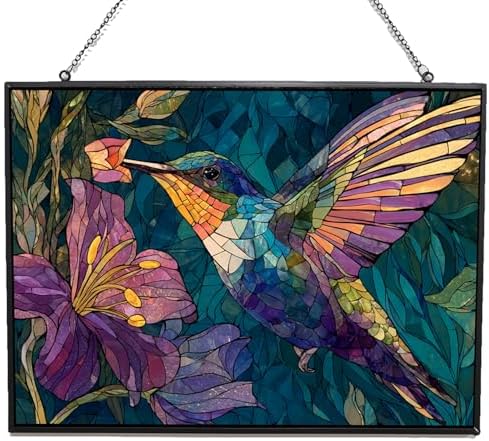 Rectangle Mosaic Hummingbird and Lavender Suncatcher Stained Glass Window Hangings for Women Mom Red Birds Sun Catchers Colorful Ornament Bird Lovers Gift Gifts for Women Mom Wife by HYPESTYLE