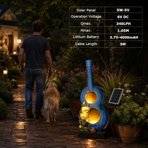 38.2" H Solar Outdoor Water Fountain with LED Lights, Guitar Design Cascading Water Feature for Garden Patio Backyard Porch Yard Decor - Image 6